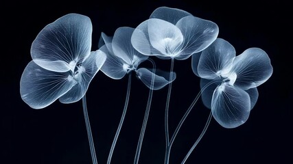 Seamless loop animation background of X-ray style translucent flowers glowing against a dark background
