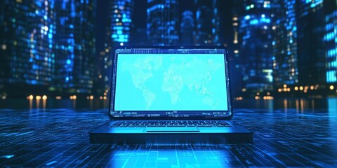 Poster - Digital landscape showcasing a glowing laptop in a futuristic city skyline at night with blue lighting effects