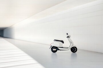 Poster - electric scooter parked under sleek modern overhang at metro station minimalistic lines and soft shadows enhancing