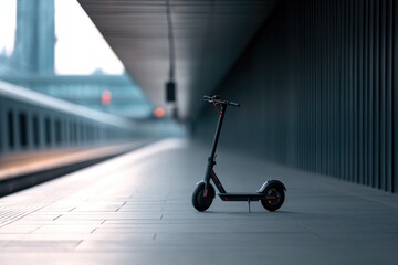 Poster - electric scooter parked under sleek modern overhang at metro station minimalistic lines and soft shadows enhancing