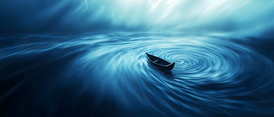 Poster - A small boat gently glides across the tranquil blue surface of the water leaving behind a captivating double spiral pattern that reflects the contemporary cinematic lighting