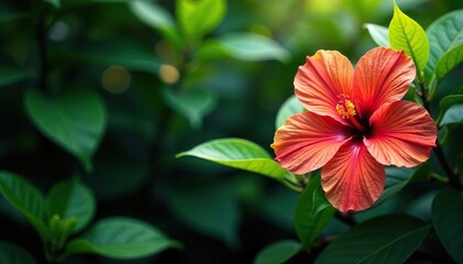 Wall Mural - Vibrant tropical hibiscus, lush green foliage, endless repeat, hibiscus, floral