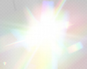 Wall Mural - bright white light explosion with lens flare, rainbow reflections, and sparkles on transparent backg