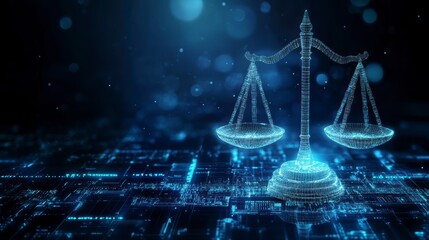 Poster - Digital scales of justice on a circuit board background, symbolizing legal technology.