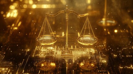 Aufkleber - Golden scales of justice on a futuristic circuit board background.