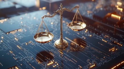 Poster - Golden scales of justice on a circuit board.