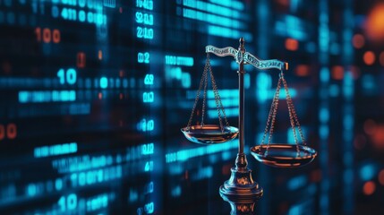 Poster - Justice scales in front of a digital data screen.