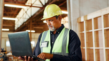 Aufkleber - Carpentry, research and man on laptop in workshop for woodworking, furniture restoration and lumber business. Construction, factory and person on computer for planning, timber renovation or inventory