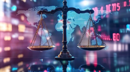 Poster - Scales of justice with world map and financial data background.