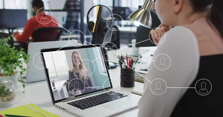 Poster - video conferencing on laptop, businesswoman in office with animation overlay
