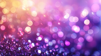 Poster - Sparkling Fantasy: An abstract composition of radiant bokeh lights dances across a gradient of soft purple and gold hues, creating a mesmerizing dreamy world, evoking feelings of serenity.