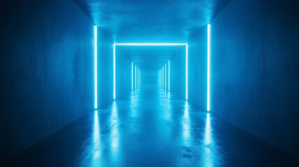 Poster - Blue neon lights illuminate a long, reflective corridor with concrete walls.