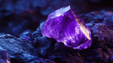 Poster - Vibrant purple amethyst crystal rests on dark rocks, illuminated with blue and purple light.