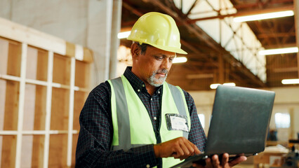 Aufkleber - Carpentry, typing and man on laptop in workshop for woodworking, furniture restoration and lumber business. Construction, factory and person on computer for planning, timber renovation and inventory