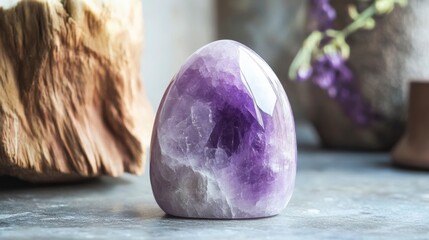Aufkleber - Polished amethyst gemstone on a grey surface with wood and flowers in the background.