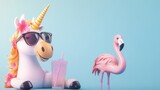 Quirky summer scene with unicorn and flamingo figures enjoying a refreshing cocktail against a colorful backdrop