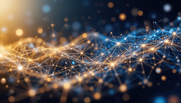Abstract Digital Network Golden and Blue Connections, Geometric Shapes, Sparkling Nodes