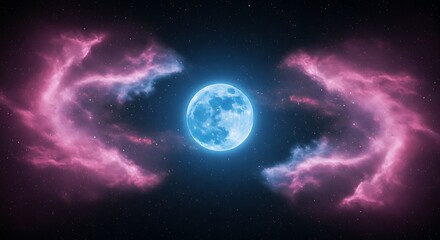 Wall Mural - a celestial scene, with a glowing blue moon surrounded by soft pink and purple nebulas.