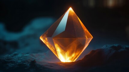 Poster - Glowing amber crystal on dark rocks.