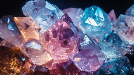 Poster - Close-up of vibrant, multicolored crystals with sharp points and facets, illuminated with dramatic lighting.