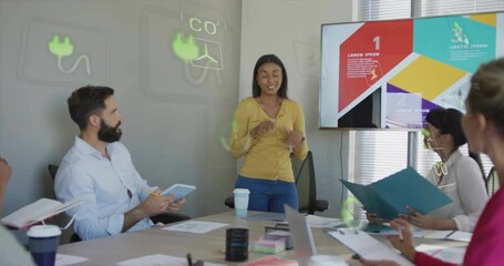 Poster - Discussing eco-friendly animation, business team in meeting with digital icons in office
