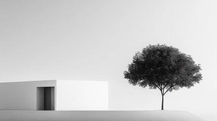 Poster - Minimalist monochrome image of a modern building and a tree.