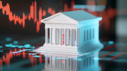 Poster - White bank model on a digital screen showing stock market decline.