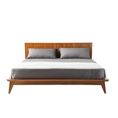 Poster - A wooden bed frame with neatly arranged gray sheets, creating a cozy and inviting sleeping space.