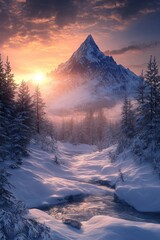 Wall Mural - snowy mountain with stream