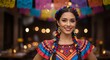 © dreamdes - Latina woman in colorful traditional Mexican dress with braided hair and festive decorations at celebration. Hispanic cultural attire for Cinco de Mayo or Day of the Dead festivities.