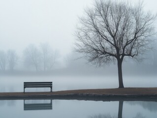 Wall Mural - bench near tree on foggy day