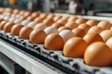 Aufkleber - Chicken eggs moving on industrial conveyor belt in food processing plant