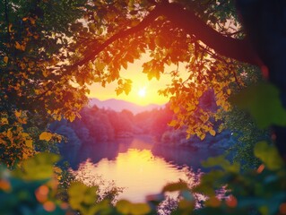 Wall Mural - sunset over lake and trees