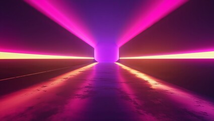 Poster - Colorful light beams illuminate a reflective hallway in a futuristic environment