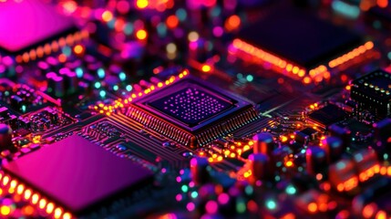 Poster - Neon Circuit Board, Close-Up of Technological Marvel