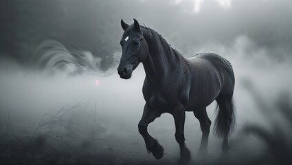 Poster - Majestic horse walking through misty forest at dawn capturing a serene moment in nature