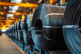 Wire rod coils wrapped with plastic film in warehouse