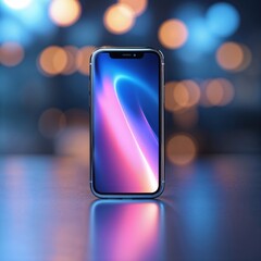 Poster - Modern smartphone displaying vibrant abstract wallpaper under artistic lighting in a contemporary setting at night