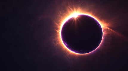 Wall Mural - solar eclipse circles showing moon covering sun on dark background. glowing purple neon rings with b