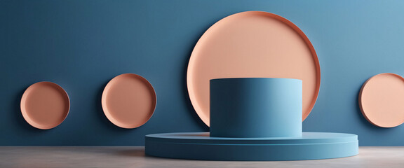 Wall Mural - abstract minimalist blue and peach cylinders and circles display