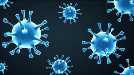 Poster - Abstract microscopic view of viruses and immune cells, glowing blue particles floating in a dark background, high-detail textures of biological structures, soft light diffusion.