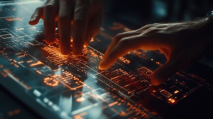 Poster - Futuristic Interface, Hands Interacting with a Holographic Display