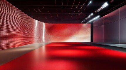 Poster - Red carpet runway in modern exhibition hall with spotlighting and red wall.