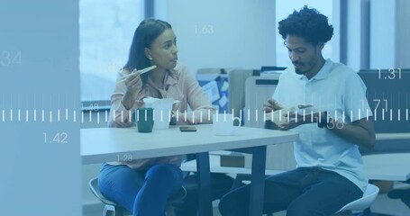 Poster - Business data animation over colleagues eating lunch at office table