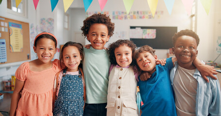 Aufkleber - Portrait, education and hug with students in classroom for child development, future and learning. Academy, growth and scholarship with group of kids in school for knowledge, lesson and study