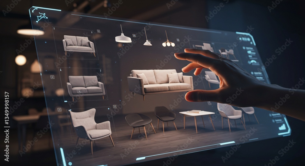 Woman uses augmented reality interface for interior design, browsing ...