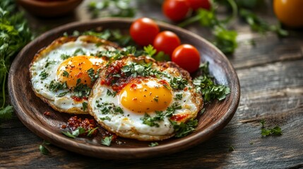 Poster - Two fried eggs with herbs, spices, and cherry tomatoes on a rustic plate.