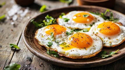 Poster - Four sunny-side up eggs on a rustic plate, garnished with herbs and spices.