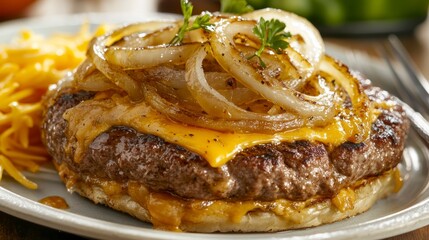 Aufkleber - Juicy cheeseburger topped with caramelized onions served on a bun with shredded cheese.