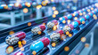 © Strother - Pills on a conveyor belt in pharmaceutical production. Capsules moving in automated manufacturing, medicine and healthcare industry.